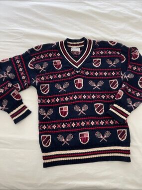 Men's Navy Patterned V-Neck Sweater - Classic Tennis Motif
